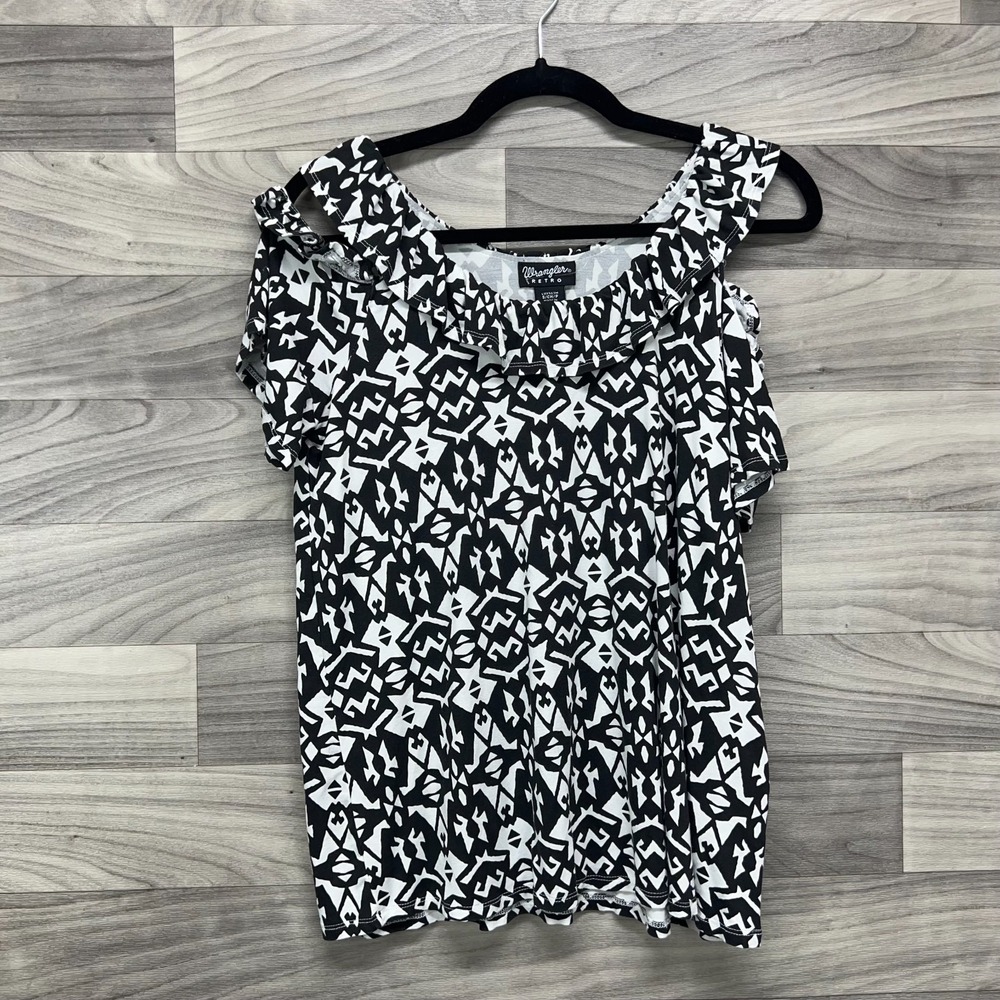 Wrangler Top Women Small Black White Geometric Print Ruffled Retro Cold Shoulder